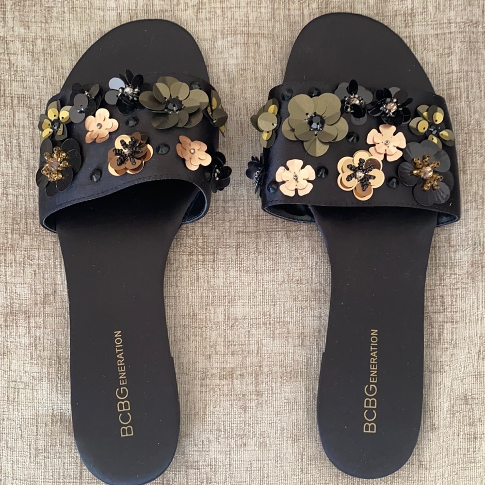 BCBGeneration black satin sandals